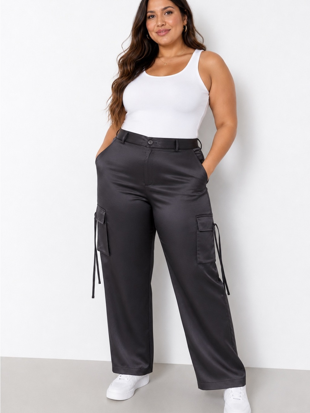 Women’s 18 Plus-Size Black Cargo Satin Pants - Classic Utility Style